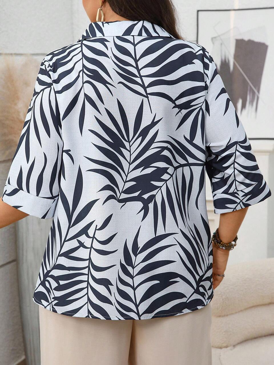 Plus Size Women Plant Print 3/4 Sleeve Loose Casual Shirt Autumn, Fall Women's Skirt Plus Size Summer Shirt Plus Size Button Down Shirt