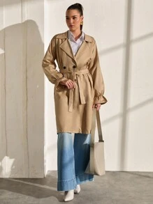 CLARA VERO Lätt trenchcoat med knytband och volanger framtill - Beige - Visa 5