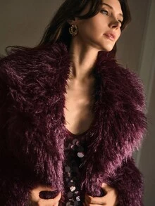MOTF PREMIUM WATERFALL LONG SLEEVE FAUX FUR COAT FOR AUTUMN & WINTER - Burgundy - View 3