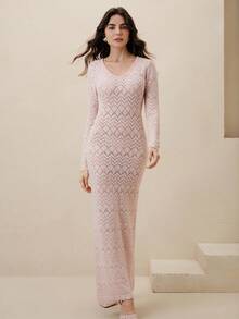 Anewsta Women's Elegant Solid Color Fitted Knit Dress - Baby Pink - View 5