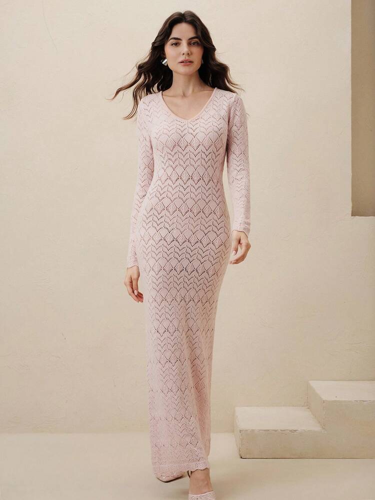 Anewsta 女式优雅纯色合身针织连衣裙 - 淺粉色 - 查看 5