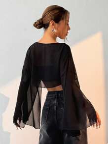 SHEIN EZwear 大码纯色圆领长袖透明简约休闲套头衫 - 黑色 - 查看 2