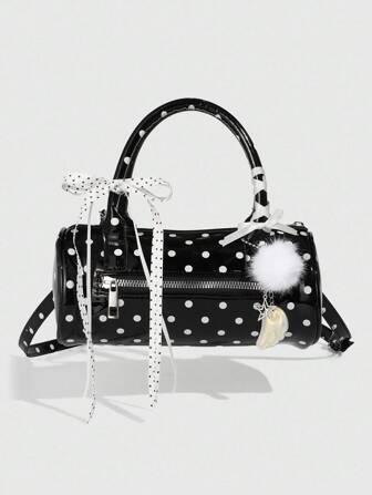 Kawaii 1 Stück Y2K Stil Stern & Schleife Dekor Schwarz Weiß Polka Punkt kleine Handtasche, Kontrast Farbe Zylinderförmige Tasche, modischer schicker Pendler Shopper, Studenten Umhängetasche
