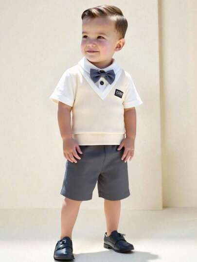 SHEIN 2 件男婴可爱学院风绅士风二合一拼色针织短袖 Polo 衫带蝴蝶结 + 纯色休闲短裤套装，适合夏季、生日派对、晚会、表演、婚礼、宝宝满月庆祝、1 岁生日、日常穿着
