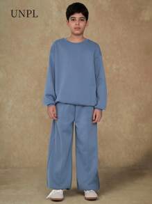2 pezzi/set, maglione girocollo blu in morbida pile di qualità vintage e pantaloni in velluto a coste per ragazze alla moda, adatto per autunno/inverno, caldo, all'aperto, streetwear, casual, casa, viaggio