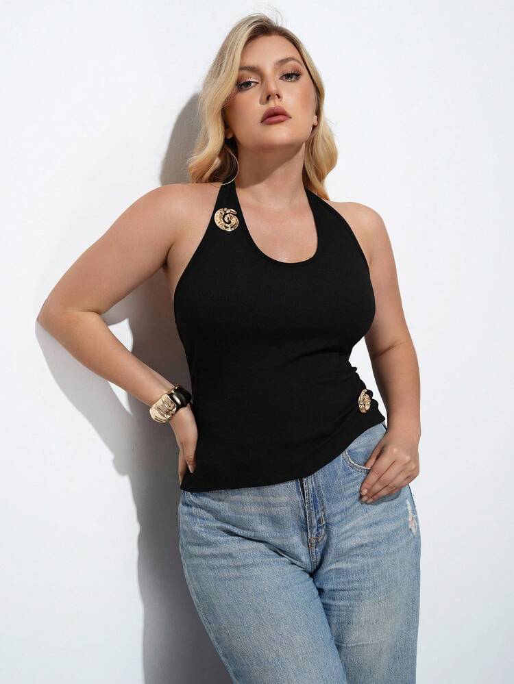 Maija 大码女式金属装饰休闲露背吊带背心，夏季女式度假海滩休闲外出上衣波西米亚风办公室穿搭节日派对夏威夷狂欢穿搭 - 黑色 - 查看 5