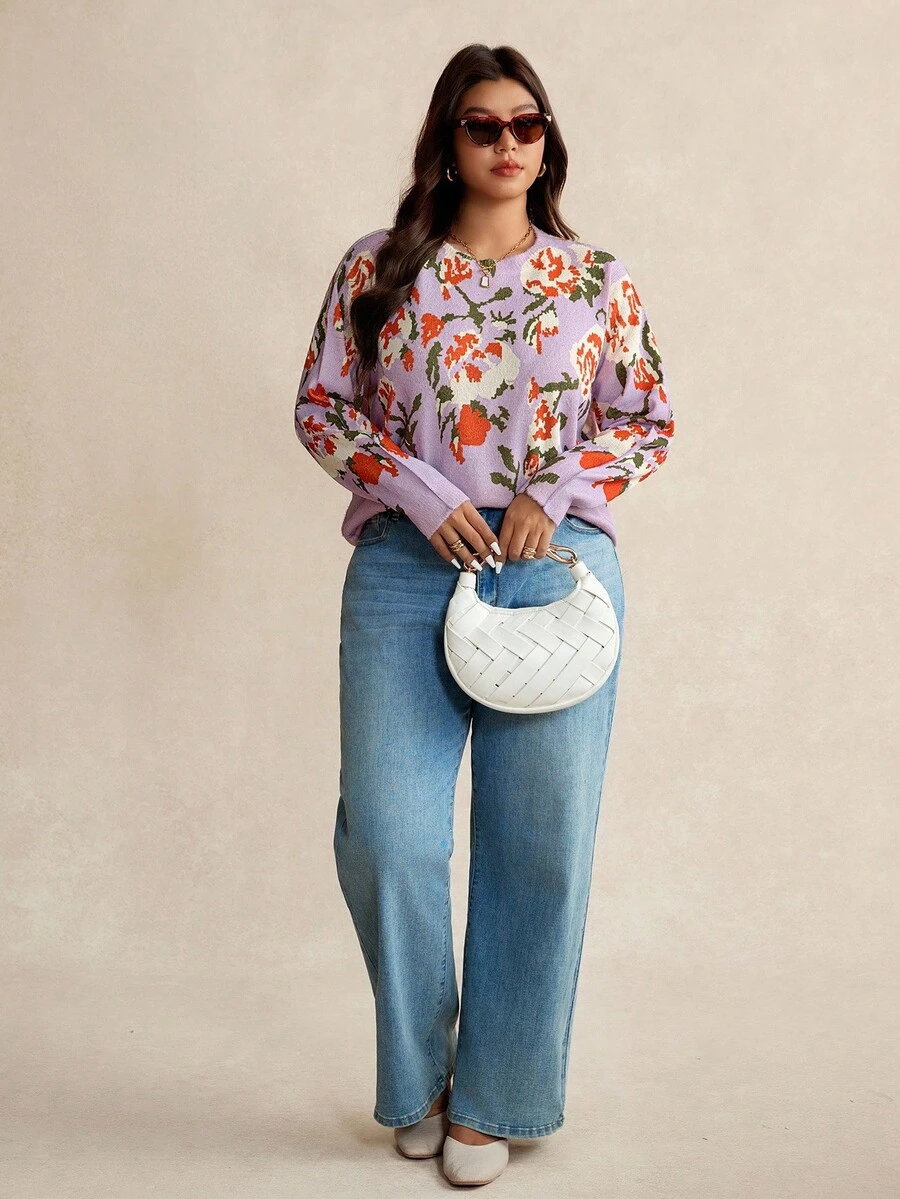 Elaquor 大码优雅简约花卉印花宽松针织套头衫女式曲线衬衫大码花卉毛衣大码女装衬衫大码毛衣大码秋冬上衣 - 紫色 - 查看 1
