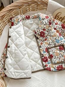 SHEIN Chaqueta casual con forro térmico y estampado floral para bebé niña, adecuada para otoño/invierno - Rosa - Ver 7