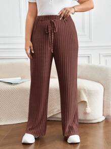 SHEIN Frenchy Pantalones informales de talla grande con cordón en unicolor - Óxido marrón - Ver 1