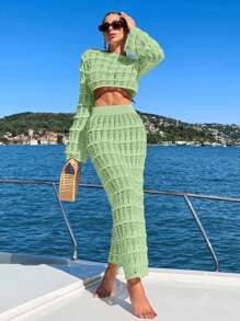 EURMUSE Women's Solid Color Long Sleeve Cropped Top And Hollow Out Jacquard Knit Mini Skirt 2 Pieces Set - Lime Green - View 1