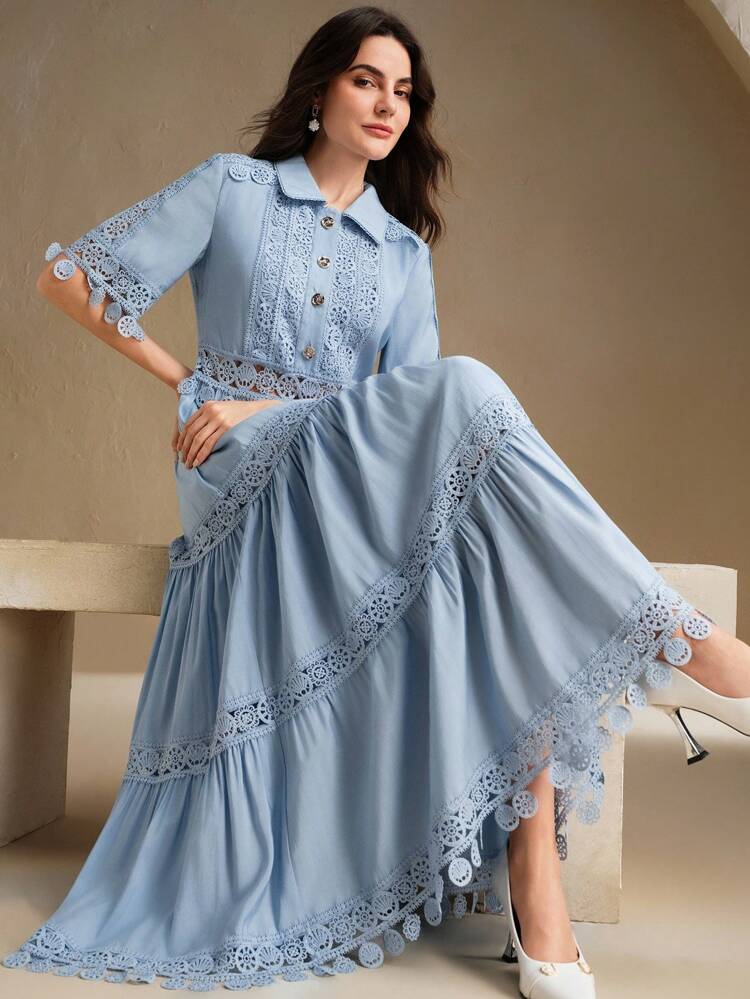 Elegant Milk Silk Embroidered Long Sleeve Women Dress