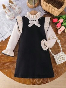 SHEIN 休闲时尚A字荷叶边长袖年轻女孩毛衣裙 - 黑與白 - 查看 4