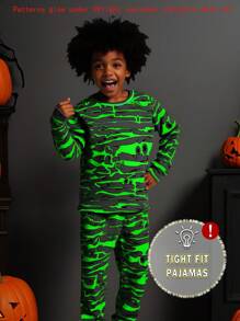 Young Boy Glow-In-The-Dark Halloween Mummy Element Pajama Set, Green Glow Effect, Stretchy Soft Fabric, Long Sleeve Top And Leggings Snug Fit Boys Glow In The Dark Pajamas Fall Winter - Green - View 8