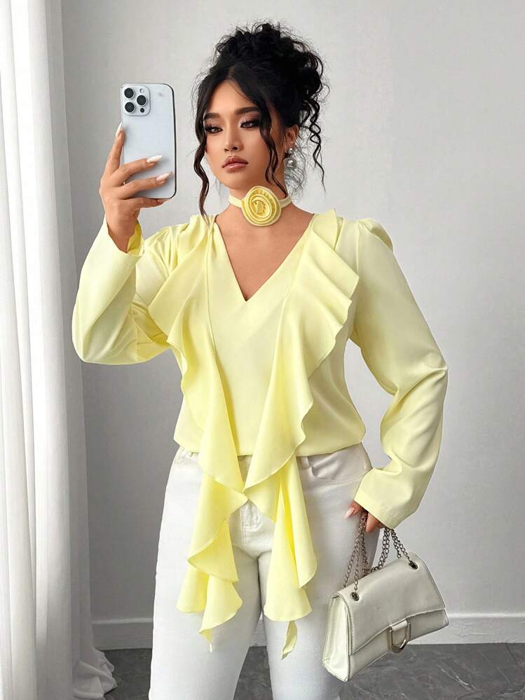 Elenzga Plus Size Women's Elegant And Versatile Yellow Blouse, Suitable For Daily Commute Fall Cloth For Women - Yellow - View 6