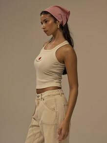 MUSERA 刺绣番茄“阳光亲吻，甜蜜”修身背心，可爱休闲印花上衣，街头风，适合节日、农舍等场合，优雅春夏假日风。 - 卡其色 - 查看 3