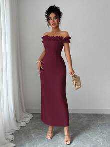 Elenzga Elegant Ruffle Off Shoulder Waist Cinched Romantic Dress For Women - Burgundy - View 5