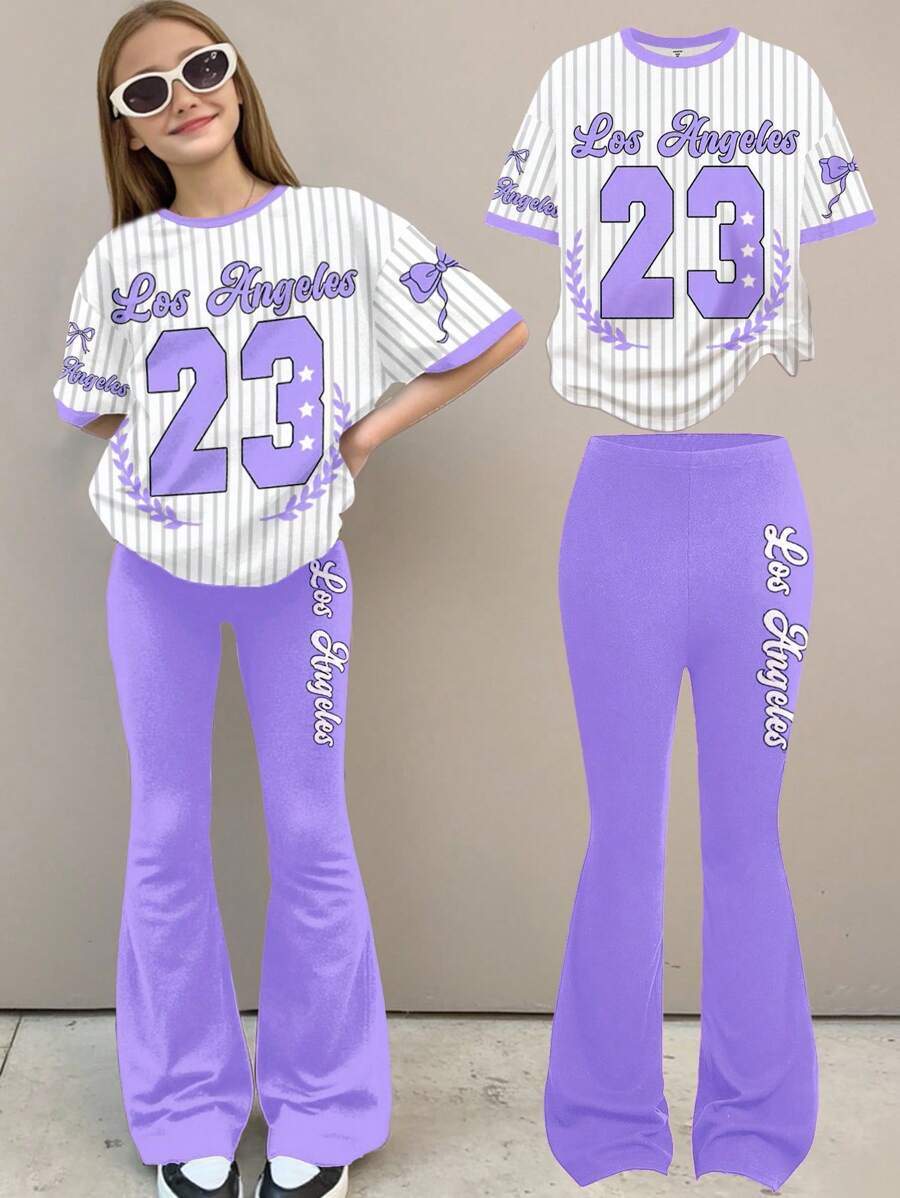 SHEIN Leap Crew 2 件套青少年女孩休闲宽松蝴蝶结条纹字母印花短款上衣和喇叭裤套装，适合夏季 - 白色 - 查看 1