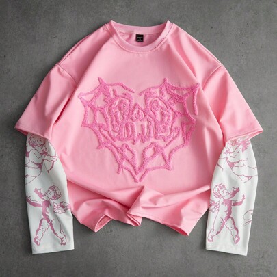 T-shirt da uomo in stile di strada popolare con stampa ricamata di angelo cupido abbinata, adatta per festival musicali all'aperto, discoteche, regalo