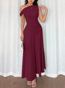 Elenzga 女士优雅奢华正式长裙，不对称领口，荷叶边细节，A 字廓形，拉链开合，酒红色，适合万圣节、圣诞节、国庆节、新年派对、毕业典礼、婚礼、角色扮演 - 中紫紅色 - 查看 4