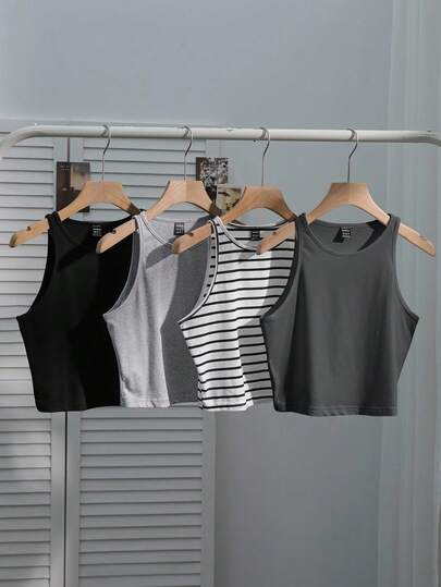 SHEIN EZwear 4pcs Women's Casual Black White Grey Black And White Sexy Fitted Camisole Top, Summer Gym