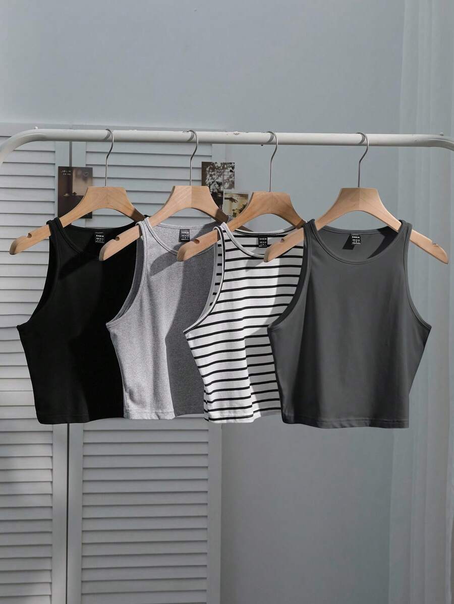 SHEIN EZwear 4 chiếc áo hai dây nữ kiểu dáng thường ngày kẻ sọc đen trắng, ôm sát, gợi cảm, thích hợp cho mùa hè. - Nhiều màu - Xem 1