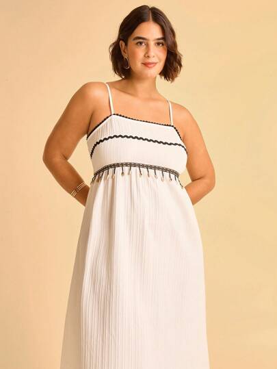 CAJUNI 女士度假休闲波浪褶饰球形装饰卡其色波西米亚连衣裙