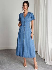 Elenzga 女式休闲水洗前扣牛仔连衣裙，夏季 - 淺色水洗藍 - 查看 4