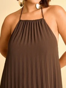 CAJUNI Plus Size Women's Boho Brown Pleated Halter Tie-Up Tassel Sleeveless Casual Summer Dress - Brown - View 6