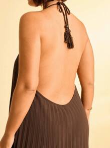 CAJUNI Plus Size Women's Boho Brown Pleated Halter Tie-Up Tassel Sleeveless Casual Summer Dress - Brown - View 8