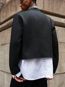 Manfinity EMRG Black Short Casual Blazer Jacket With Double-Breasted Metal Rivet Design, And Versatile, Great Gift For Boyfriend Or Husband , Cropped Blazer Men , Men Short Blazer , Double Breasted Blazer Men , - Black - View 2