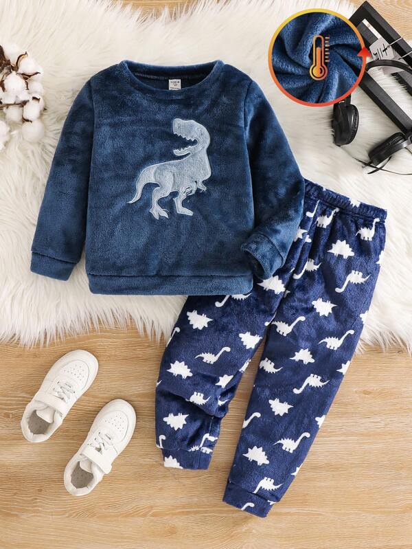 SHEIN 2 piezas Conjunto de pijama de franela suave y cómoda de doble cara con top de manga larga con cuello redondo y pantalón largo con dinosaurio de dibujos animados bordado para niño, invierno