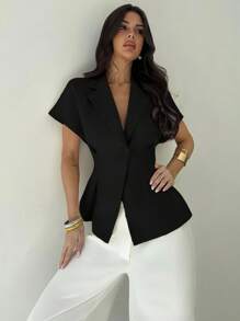 Firerie 女士休闲/办公亚麻束腰短袖西装外套，杏色，秋冬夏季 - 黑色 - 查看 4