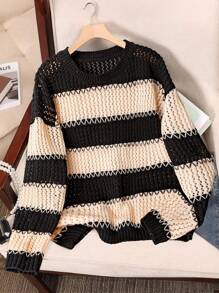 Franclia Nuovo maglione lavorato a maglia con scollo tondo, stile colorblock, design alla moda da blogger, lavorazione traforata e floreale, stile europeo e americano, pullover lavorato a maglia per l'autunno e l'inverno - Multicolore - Visualizzare 3