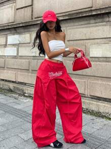 Coolane 女士夏季街头休闲装，带有独特的带子细节和编织面料的长红色裤子 - 紅色 - 查看 5