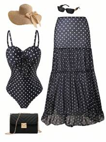 Swim Oasis 大码女式黑白圆点印花 V 领衬垫文胸可调节肩带蝴蝶结露背镂空吊带比基尼上衣搭配印花开衩简约 A 字裙，优雅性感休闲海滩度假连体泳衣套装 - 黑與白 - 查看 1