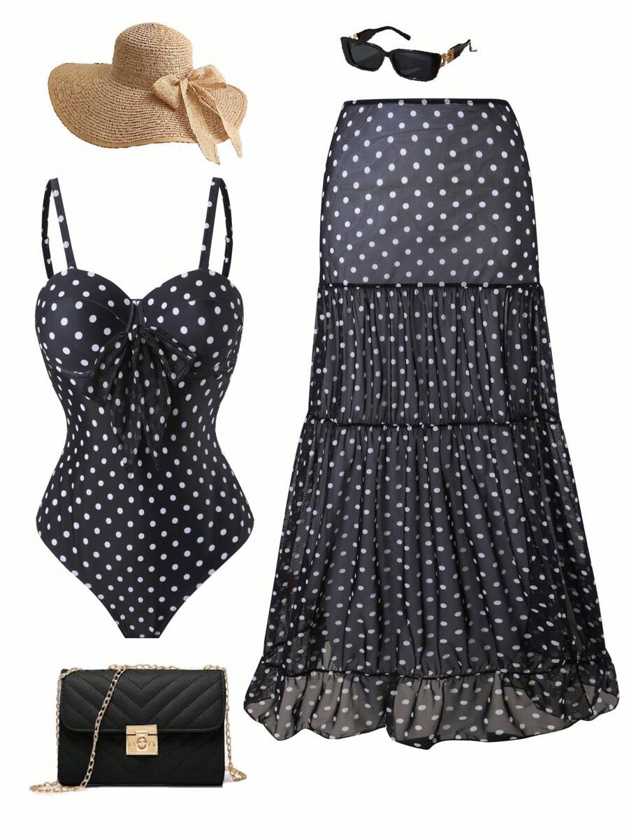 Swim Oasis 大码女式黑白圆点印花 V 领衬垫文胸可调节肩带蝴蝶结露背镂空吊带比基尼上衣搭配印花开衩简约 A 字裙，优雅性感休闲海滩度假连体泳衣套装 - 黑與白 - 查看 1