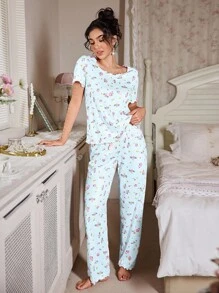 FloralLove 蝴蝶结装饰花卉印花纹理针织女士睡衣套装 2 件套睡衣套装女士女士睡衣套装女士睡衣套装女士花卉睡衣套装女士睡衣套装 - 藍色 - 查看 4