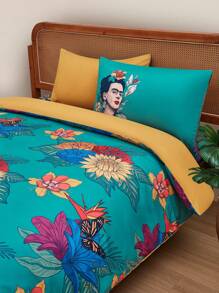 Frida Kahlo X SHEIN Juego de cubrecamas estampado vintage de 3 piezas, hecho de tela cepillada, suave y cálido, disponible en múltiples tamaños para camas individuales/dobles/queen/king