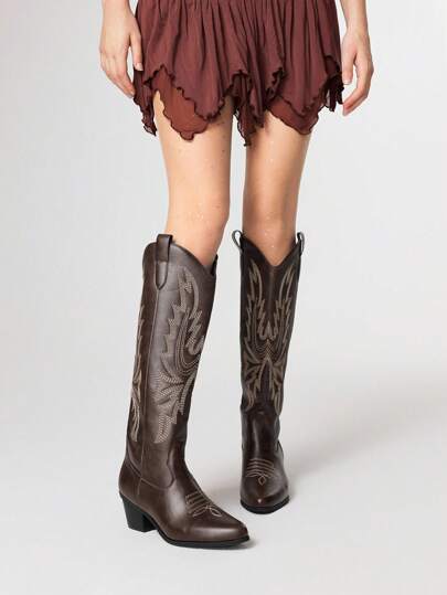 Kawaii Women's 2025 Spring/Autumn New Pointed Toe Chunky Heel Embroidered Western Boots, Spring/Autumn New Leather Over-The-Knee Boots