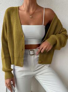 SHEIN Cottnline Women's V-Neck Button Down Cardigan - Olive Green - View 5