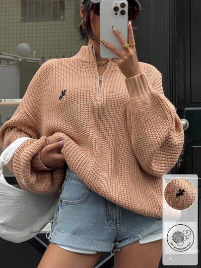 Muchica Brown Sweater  New Autumn Old Money Back To School 2025 Fall Clothes Women's Casual Minimalist Embroidery Half Zip Front Oversized Lantern Sleeve Sweater, Autumn/Winter Turtleneck Sweater Zip Up Sweater