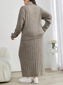 EURMUSE Cable Knit Turtleneck Sweater And Skirt Two Pieces Set - Mocha Brown - View 2