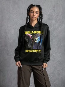 GODZILLAxKONG X SHEIN Áo nỉ trùm đầu rộng rãi họa tiết quái vật và chữ cái dành cho nữ - màu đen - Xem 4