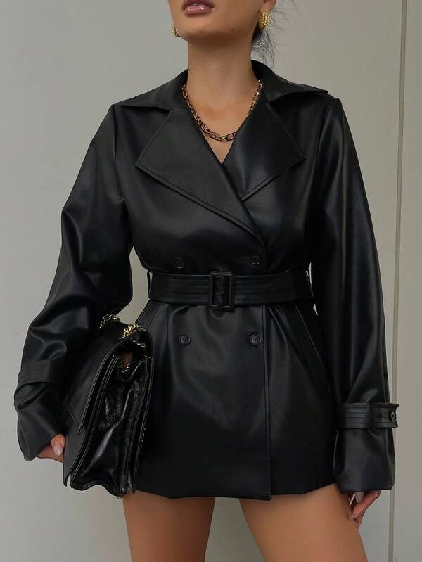 DAZY Women's Casual Belted Blazer Jacket With Lapel, Regular Fit, Autumn