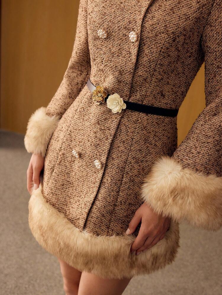 TWEED AUTUMN/WINTER CONTRAST FAUX FUR WOOL BLEND MINI DRESS