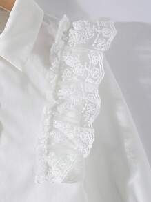 Genkimix Kids 女孩优雅简约时尚优雅翻领落肩长袖宽松白色刺绣荷叶边设计百搭衬衫，适合秋季