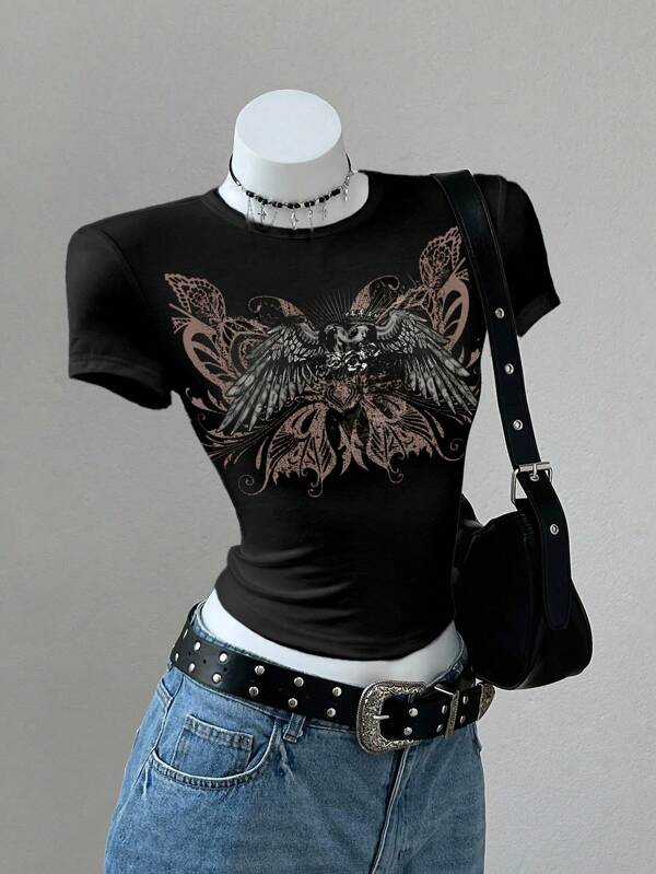 Elamini Personalized Subculture Goth Style Sexy Y2K Minimalist Fitted Crew Neck T-Shirt