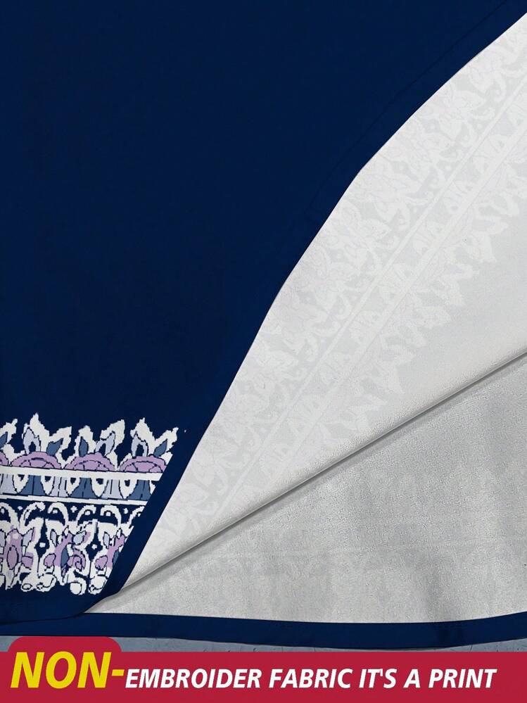 EMERY ROSE Navy V-Neck Faux Embroidery Blouse, Retro Style Plus Size Top - Multicolor - View 5