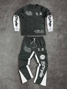 Manfinity EMRG 男士标语印花二合一长袖运动衫和运动裤休闲套装，送给男朋友的绝佳礼物，返校季男士两件套慢跑裤套装男士街头慢跑裤套装男士两件套男士慢跑裤套装 La Men 贴布慢跑裤套装 - 彩色 - 查看 1