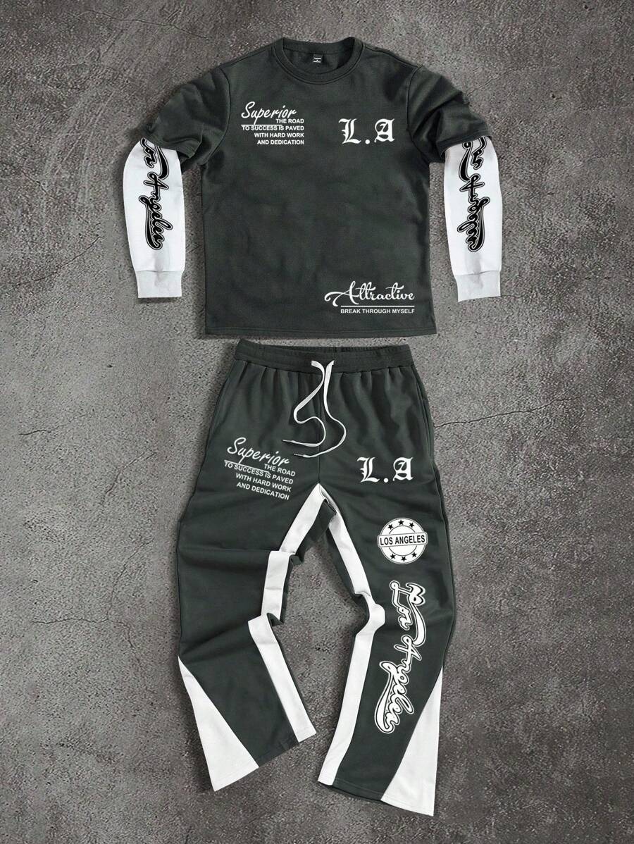 Manfinity EMRG 男士标语印花二合一长袖运动衫和运动裤休闲套装，送给男朋友的绝佳礼物，返校季男士两件套慢跑裤套装男士街头慢跑裤套装男士两件套男士慢跑裤套装 La Men 贴布慢跑裤套装 - 彩色 - 查看 1